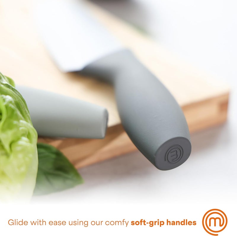 Master Chef Kitchen Knife Set with Covers, 6 Professional Chef Knives for Home Kitchens, Extra Sharp Cutting Stainless Steel Blades & Protective Sheaths, Soft-Touch Easy-Grip Handles, Earth Greys - Image 5